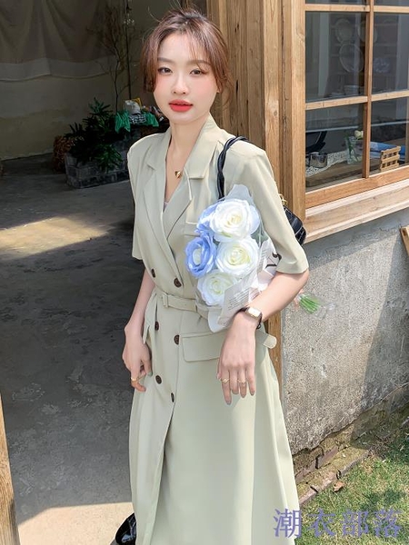 氣質西裝連身裙女夏2023新款韓系時尚洋氣雙排扣過膝高級感裙子潮洋裝