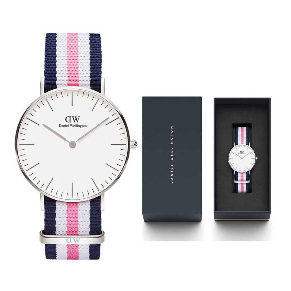 加贈 帆布錶帶+鋼化膜+DW手環【海外代購】DW Daniel Wellington藍白粉紅尼龍錶帶 銀框/36mm DW00100050
