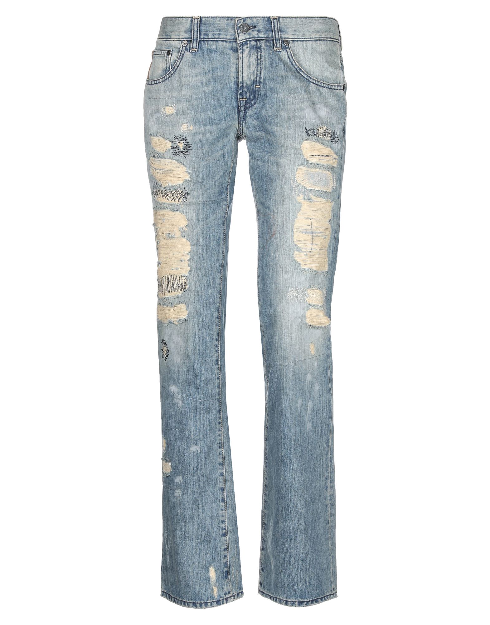 denim, torn fabric, faded, leather applications, solid color, medium wash, low waisted, front closur