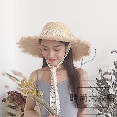 拉菲草帽女大沿蕾絲綁帶帽子小清新海邊遮陽度假沙灘帽【時尚大衣櫥】