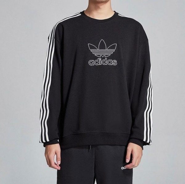 ISNEAKERS ADIDAS ORIGINALS 黑白 三線 三葉草 大LOGO 圓領 大學T 男款 DX4233