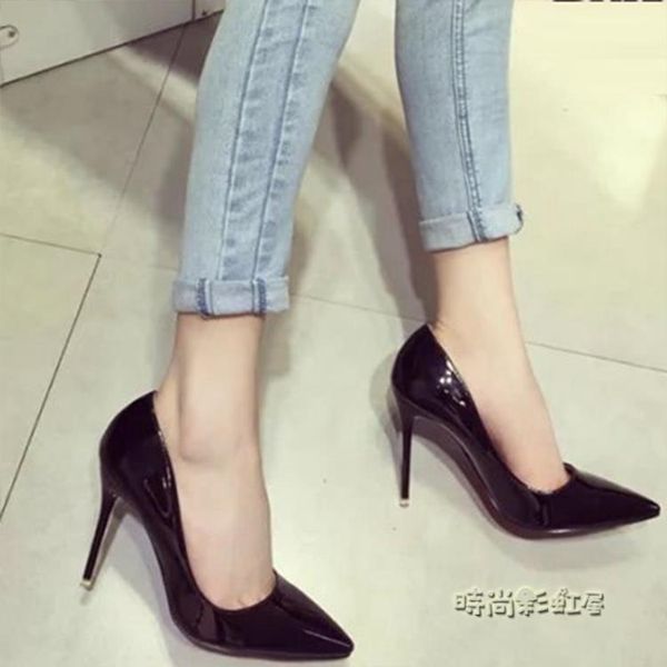 歐洲站裸色尖頭高跟鞋細跟黑色工作單鞋女紅色婚鞋漆皮藍色大碼鞋