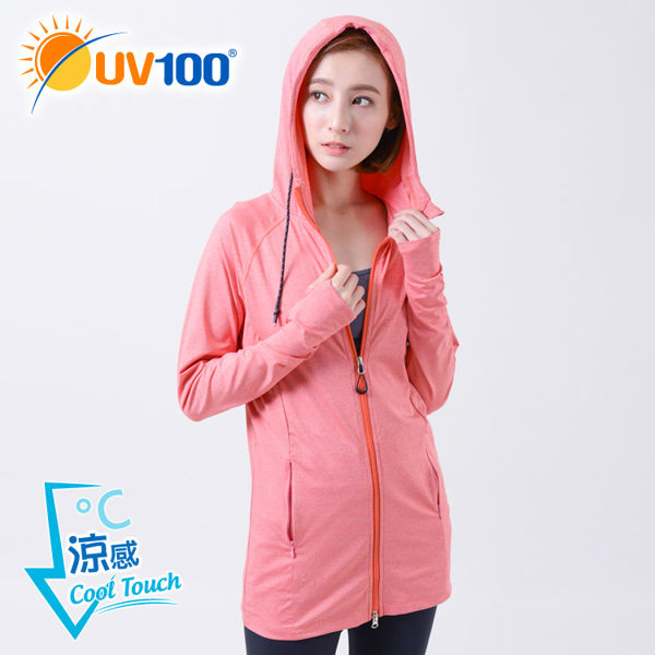 UV100 防曬 抗UV-涼感花紗長版連帽外套-女