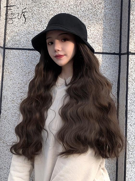 假髮帽子一體時尚長卷髮漁夫帽髮帽可拆卸女夏天夏季帽子帶假髮