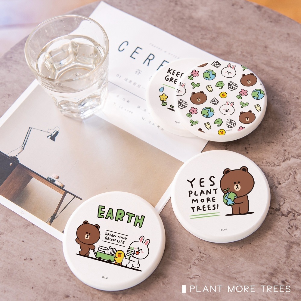 LINE FRIENDS 珪藻土吸水杯墊（2款／2入1組／Loves Our Planet系列）