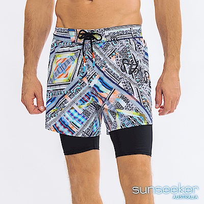 澳洲Sunseeker泳裝男士快乾衝浪雙層泳褲-部落黑