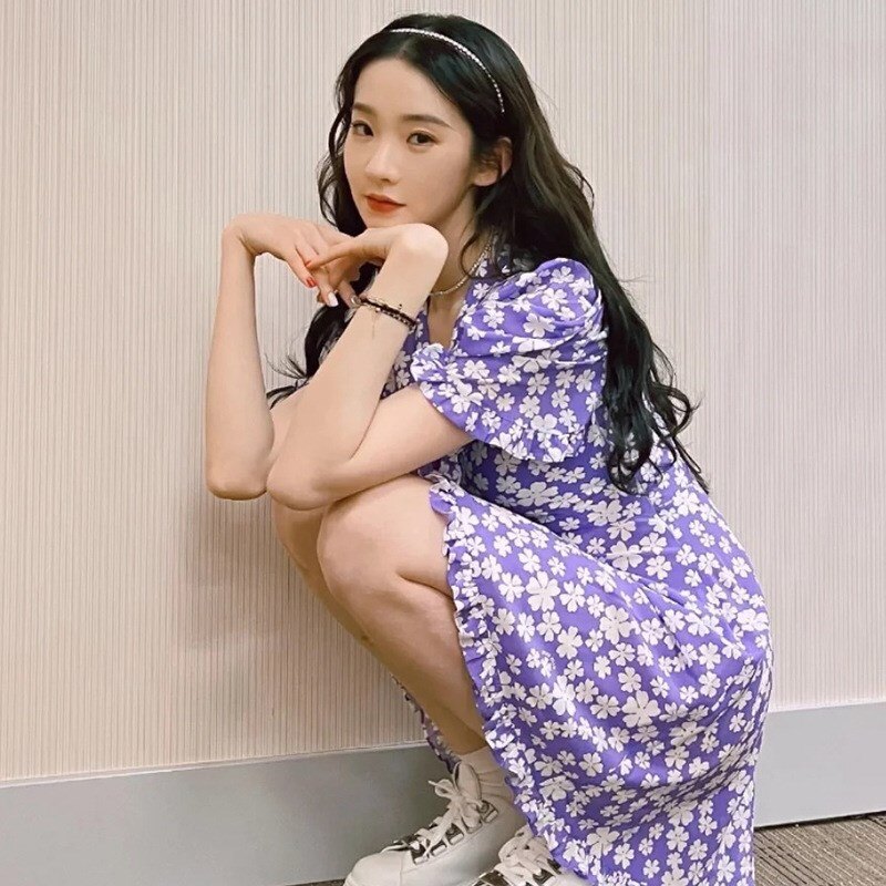 2022年繆miu春夏GUCCI_NM新款法式溫柔風紫色碎花修身連衣裙女裝