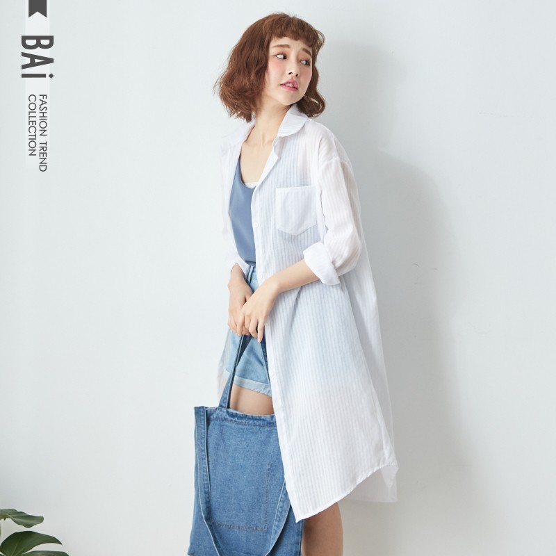 BAI e-shop 長襯衫隱藏條紋單口袋排釦水洗棉麻上衣-【195575】