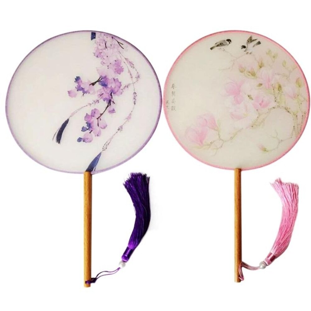 扇子 古典半透明女雙面長柄團扇風圓形扇宮廷舞蹈扇子