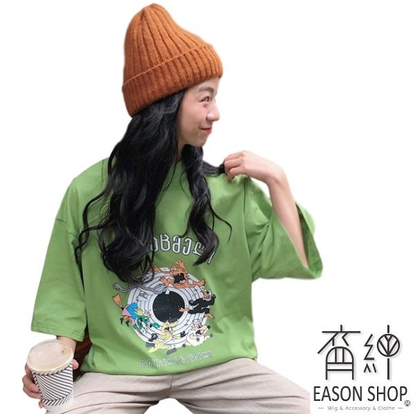 EASON SHOP(GW1414)實拍搞怪卡通印花OVERSIZE長版圓領短袖T恤裙女上衣服落肩內搭衫寬鬆素色棉T恤