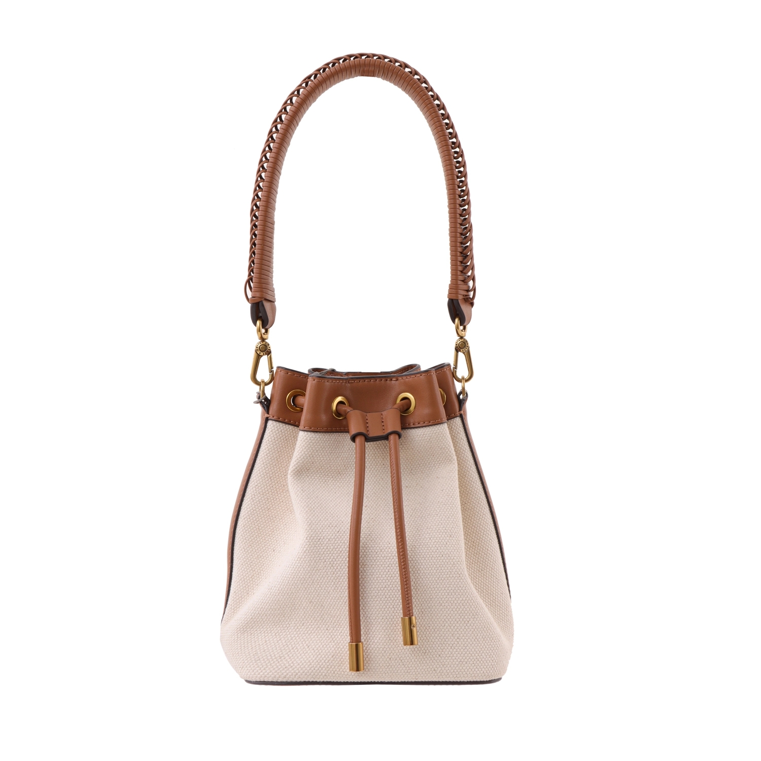 CHARLES & KEITH 編織提把水桶包-帆布拼接