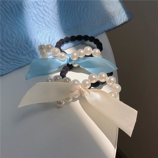 sppgge ONE~藍色 白色蝴蝶結髮圈~珍珠超仙甜美基礎黑色頭繩橡皮筋髮繩髮飾女