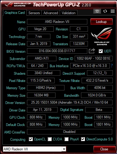 顯示卡使用AMD RADEON VII。
