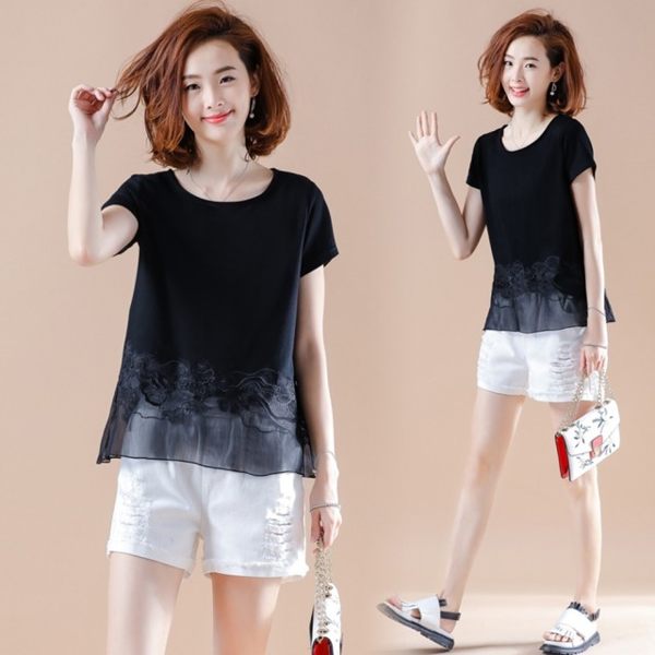 義大利威尼斯浪漫玫瑰蕾絲網紗拼接短袖上衣104156#現貨 預購(黑色)