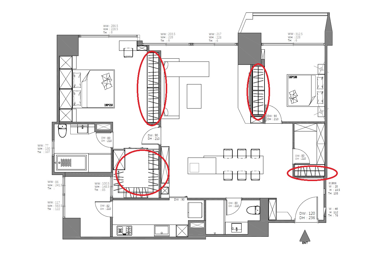 平面圖;設計圖;門窗;橫梁;柱體;空間配置;格局;採光;比例尺;家具;地板