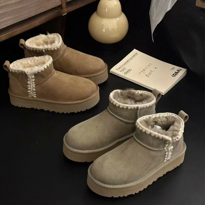 【熱賣】河南桑坡羊皮毛一體雪地靴厚底低幫編織帶加絨加厚增高mini短靴