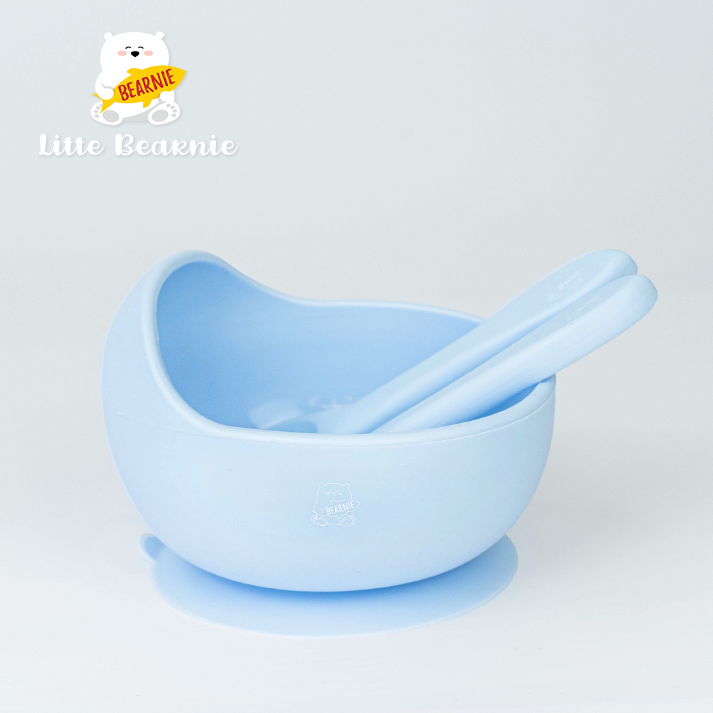 小熊初食吸盤碗(附贈湯叉)【天空藍】-新加坡Little Bearnie 小貝尼兒童矽膠餐具