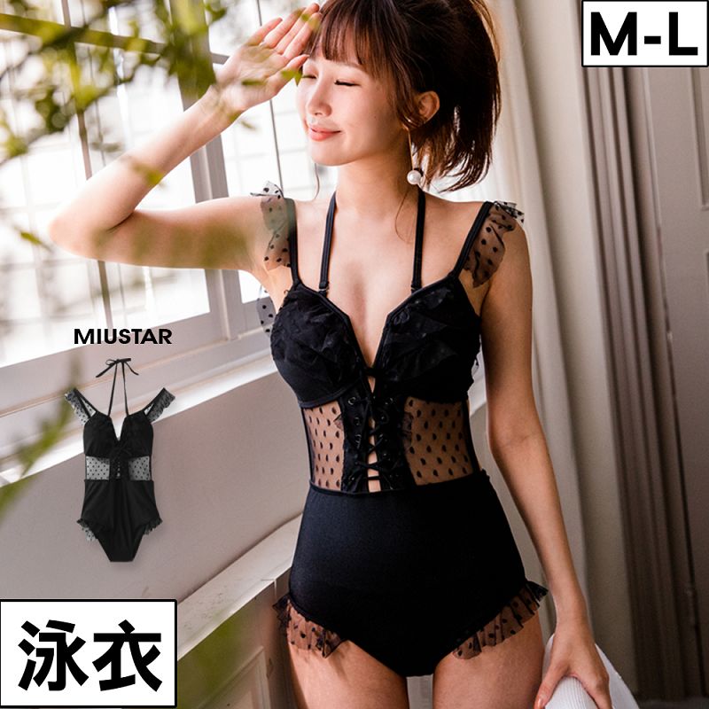 ★現貨69折★原價1990-69折$1373★miustar 歐美訂製款。蕾絲網紗拼接無鋼圈襯墊連身泳衣(共1色，m-l)0403 預購【nf1315t1】