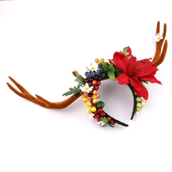 花環頭飾森女系漿果花朵鹿角發箍頭箍頭飾寫真攝影道具麋鹿圣誕節發飾花環 晴天時尚館