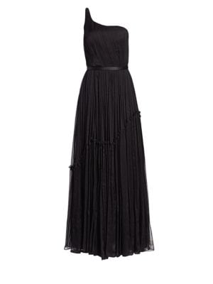 ONLY AT SAKS. This lovely pleated gown embodies eclectic textures and a banded waist that lends a fl