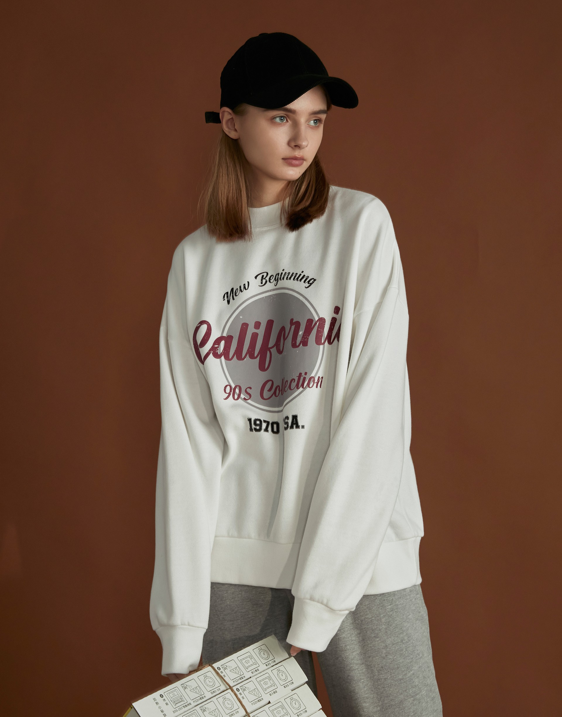 PAZZO+美式復古仿舊印花內刷毛大學T