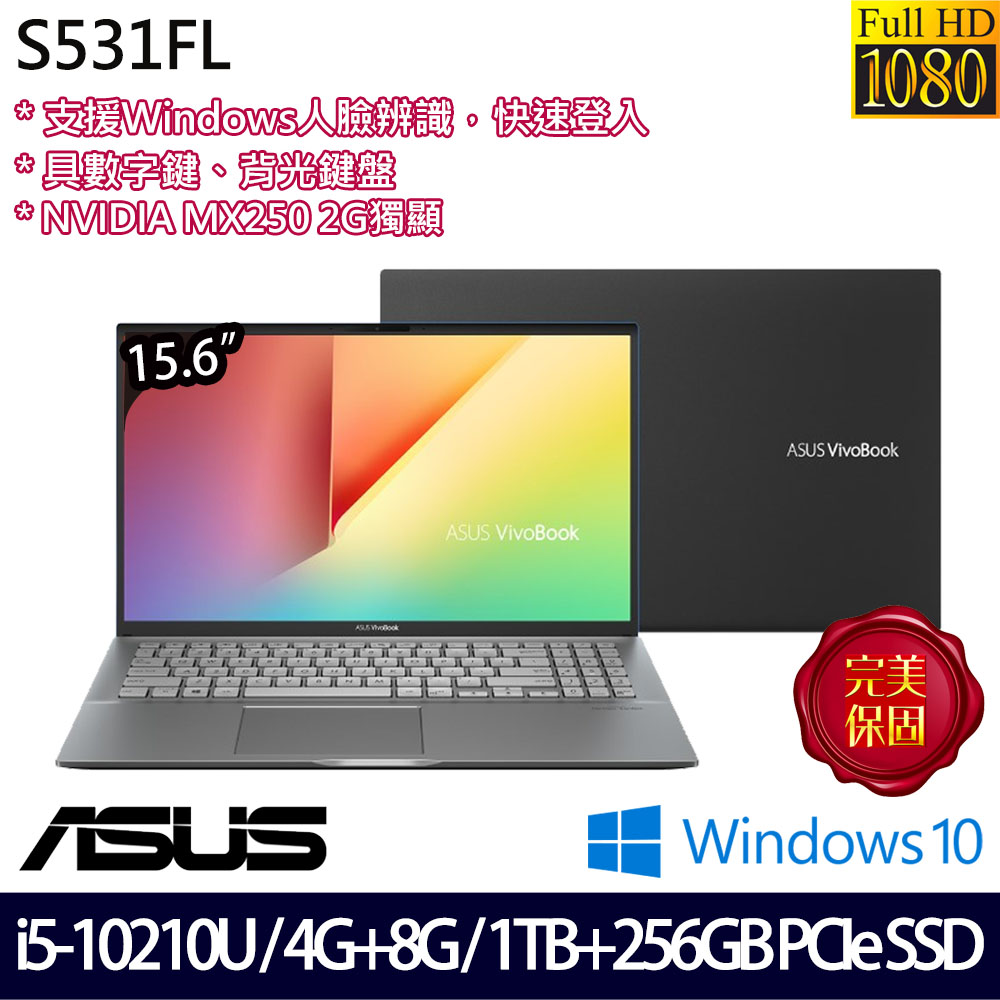 15.6吋 FHD i5-10210U四核 4GB+8GB DDR4 (已安裝) 1TB+256GB PCIe SSD MX250 2G獨顯 Win10/兩年保