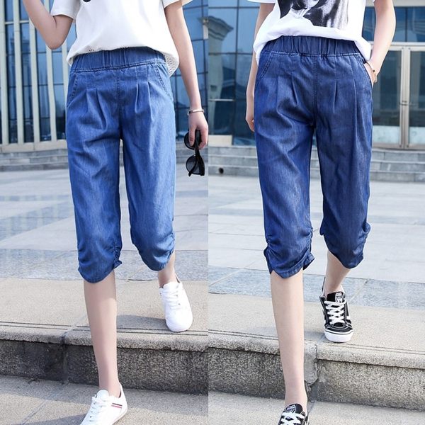 新款天絲 七分褲 牛仔褲 高腰褲 哈倫褲 直筒褲 中褲子八分褲 加大尺碼 26碼-38碼 2色可選