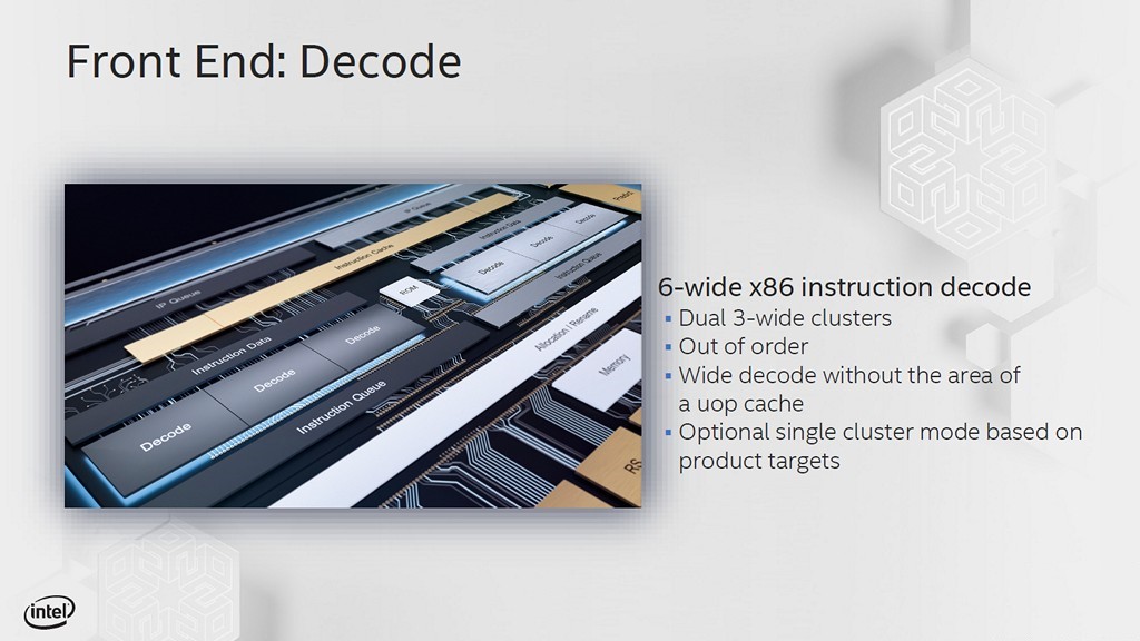 ▲ Tremont 微架構前端採用 2 個 3-way 解碼叢集，單一時脈週期最高同步解碼 6 條 x86 指令，又無需微指令快取提升能源效率，在極為講究功耗的應用，也能夠方便關閉其中 1 個解碼叢集。