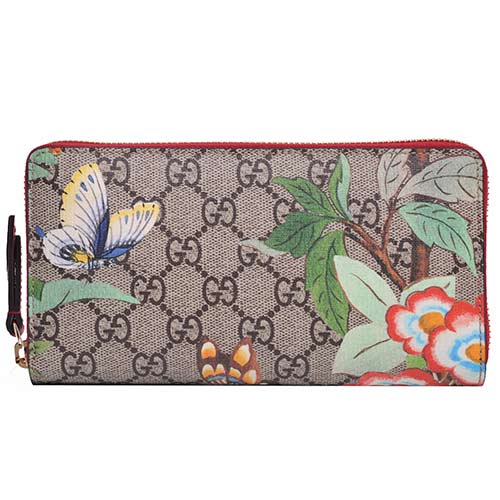 GUCCI GG Supreme Tian優雅畫布風格圖騰拉鍊機能長夾