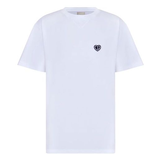 Men's DIOR SS22 Cotton Plain Weave Knit Material CD Heart Short Sleeve White T-Shirt