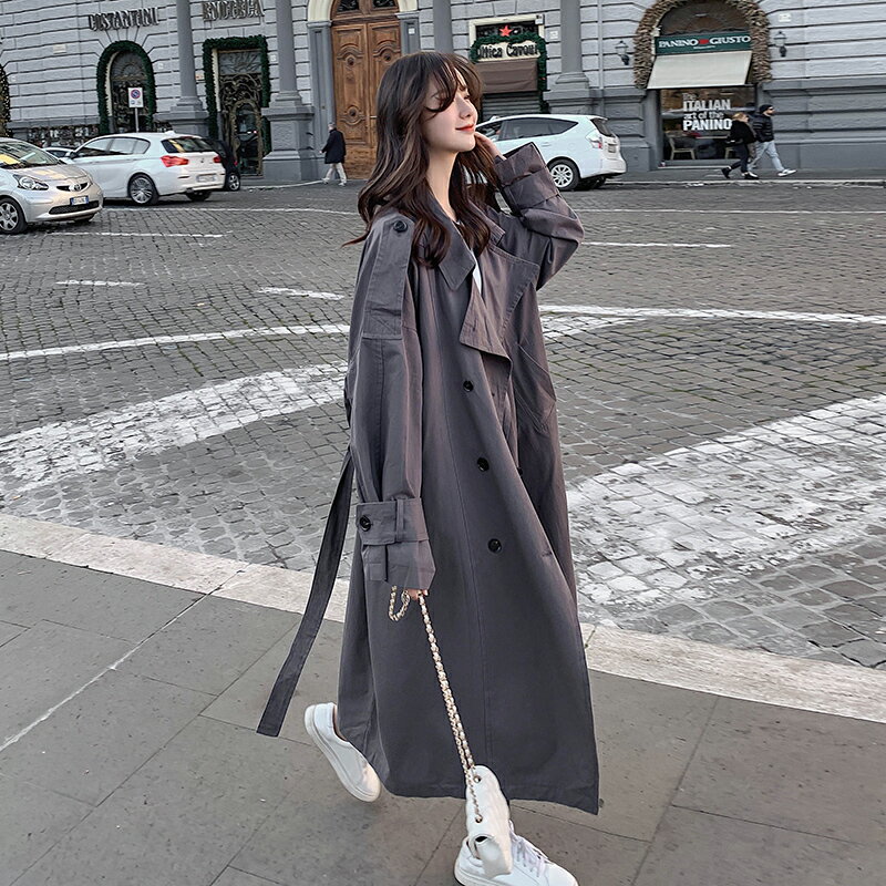 韓國超長款過膝風衣女英倫風2022年春秋寬松oversize流行大衣外套