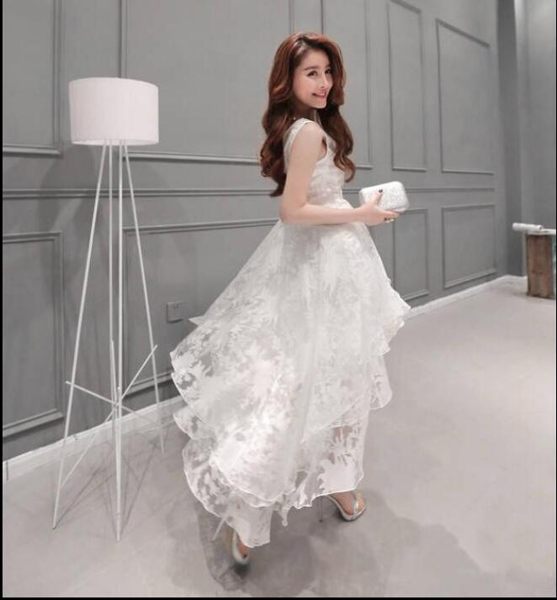 中大碼伴娘服小禮服成人歐根紗夏白色甜美韓版前短后長洋裝