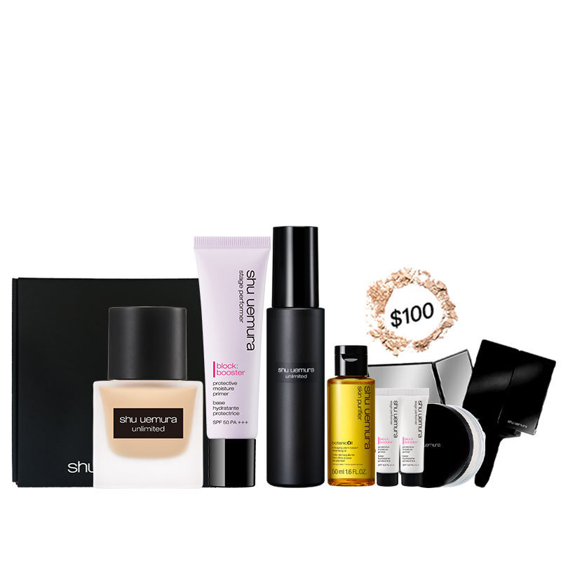 無極限超時輕粉底 正貨 任選色+極保濕輕感防護乳SPF50 PA+++ 正貨 紫色+無極限持久定妝噴霧 正貨+THE LIGHTBULB鑽石光蜜粉輕巧版+柚子精萃潔顏油 50ML+極保濕輕感防護乳SP