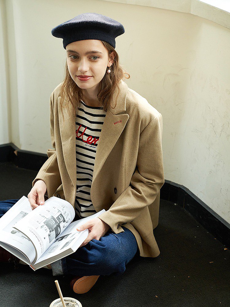 Mintcheese 法式氣質米駝羊毛呢雙排扣西服