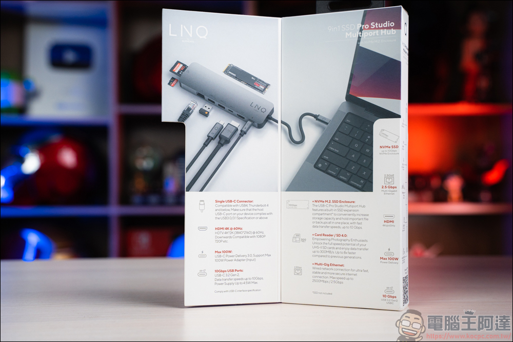 LINQ 9-in-1 SSD Pro Studio Hub 集線器，整合 Hub + SSD 外接盒、讀卡機、HDMI、高速 RJ-45 ...