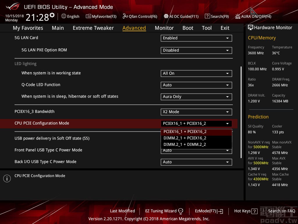 處理器 16 條 PCIe 3.0 通道最多可以分成 x8/x4/x4，Advanced＞Onboard Devices Configuration＞CPU PCIE Configuration Mode 讓使用者自行選擇該如何分配，此畫面也可觀察 PCIEX16_3 預設為 X2 Mode，讓 SATA6G_56 連接埠能夠銜接 SATA 介面設備