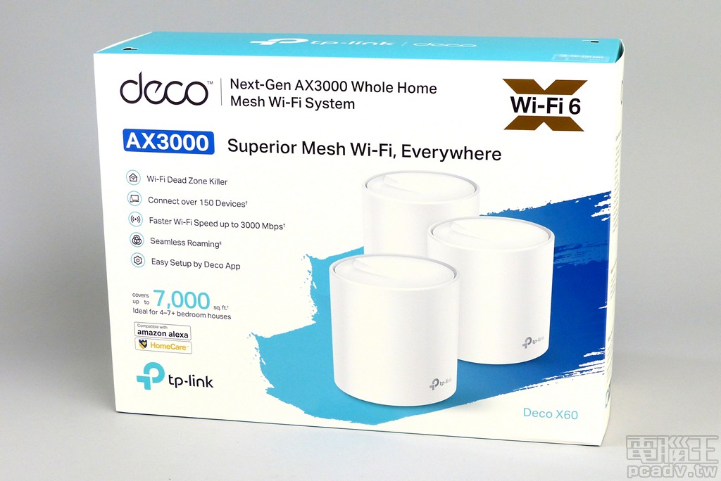 TP-Link Deco AX 系列目前在台灣推出 3 入裝套件，分別為 AX1800 等級 Deco X20，以及這次 PCADV 電腦王編輯部收到的 Deco X60 中階主流款式。