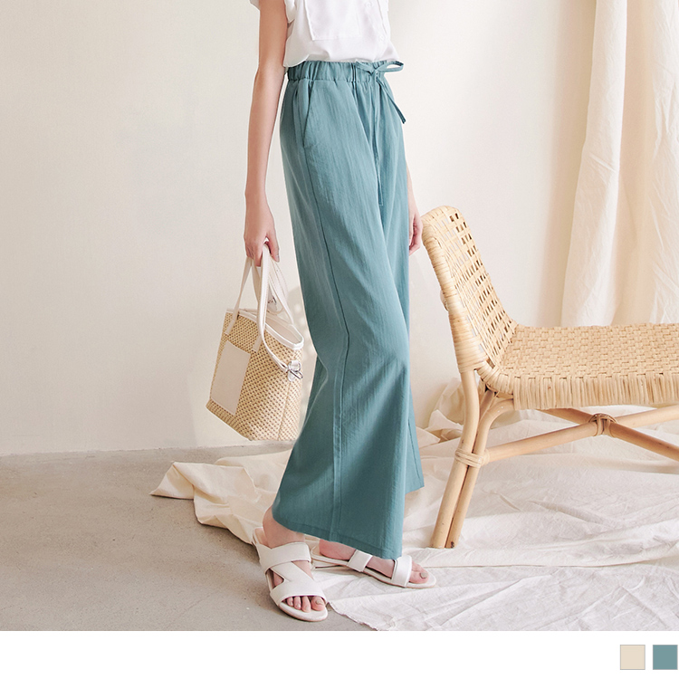 腰圍鬆緊質感純色寬褲