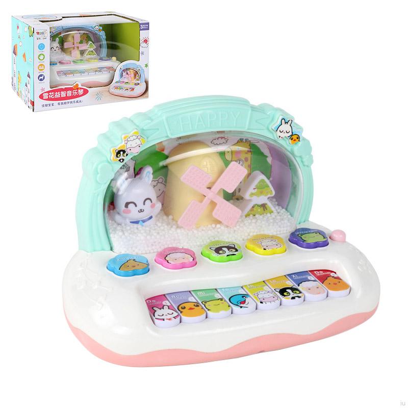 1、多功能音樂琴，音樂響起，風車吹動雪花飄揚，還有絢麗燈光2、多模式一鍵轉換，音樂遊戲全都有，鋼琴模式、打地鼠遊戲、找動物遊戲等樂趣無窮材質:塑料顏色:暖色調包裝:開窗盒裝樂器型別:電子琴性別:男、女