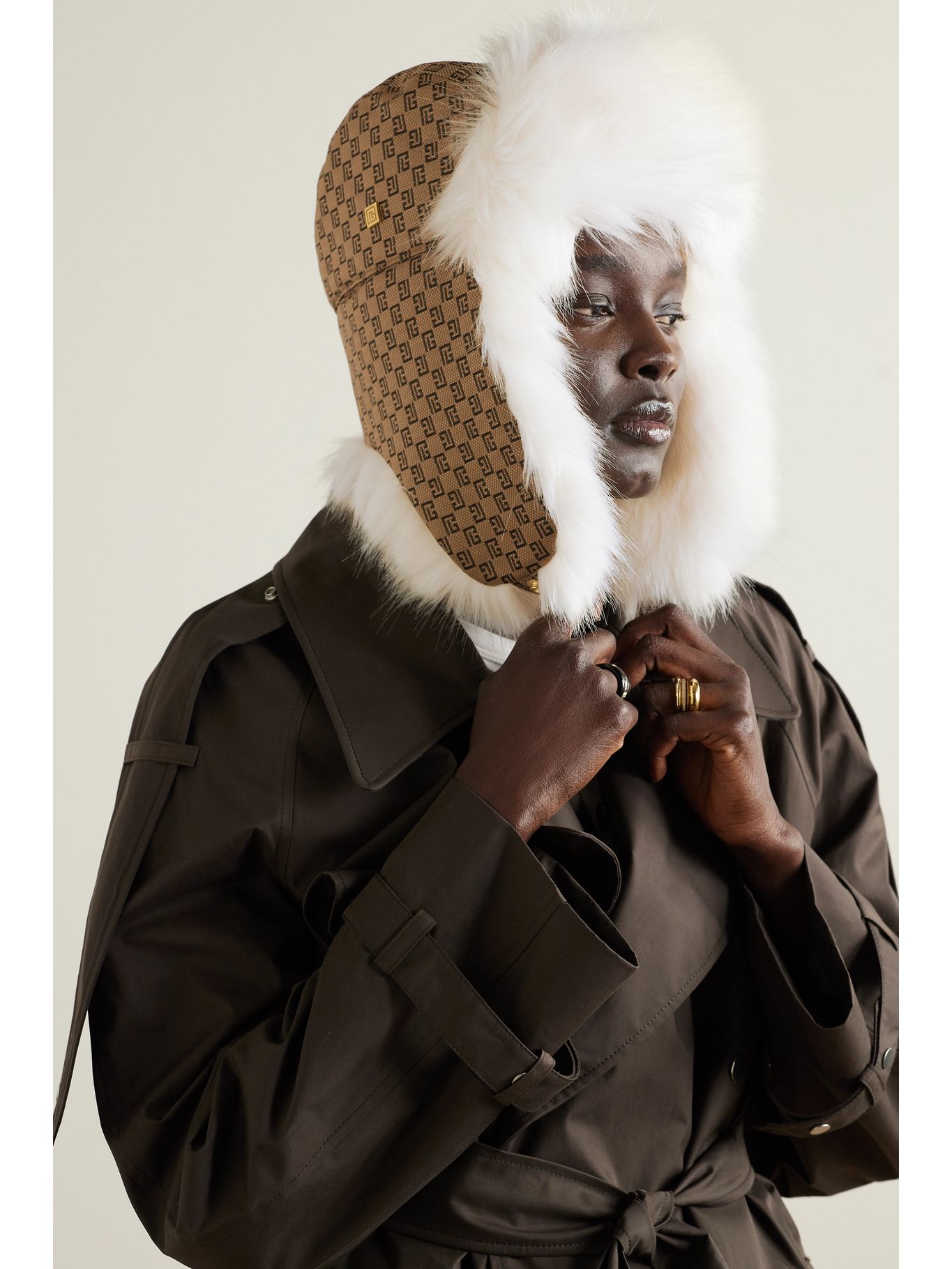 BALMAIN Faux fur-lined canvas-jacquard hat