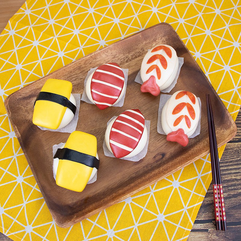 迴轉壽司組 (6入盒裝) 鮪魚 玉子燒 蝦子 造型包子饅頭