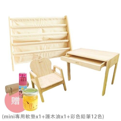 MIT 手工製造，使用紐西蘭高品質 A 級白松木全實木打造！。無毒、無甲醛，實木切割溝槽，圓潤不刮手。好組裝、便清潔，媽咪自己就能 DIY。桌椅耐重100 kg 爸比也能坐上去。0 ~ 9 歲適用，多