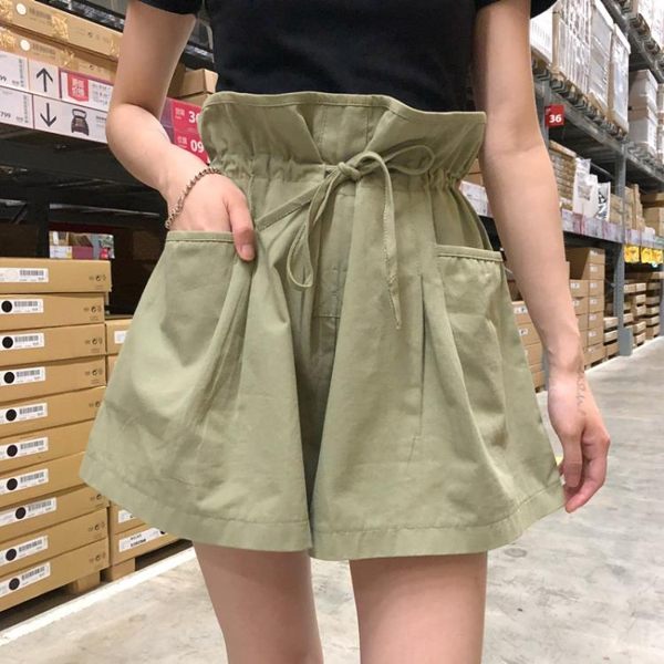 褲子女夏季2019新款韓版系帶花苞褲高腰短褲寬鬆闊腿褲休閒褲學生