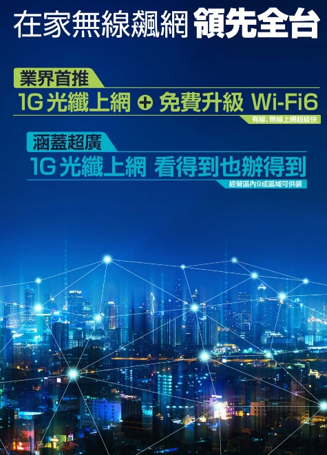 凱擘大寬頻領先業界推出 1G 光纖上網 + 免費升級 Wi-Fi 6 的「雙料服務」，讓你無論是有線、無線上網都順暢。