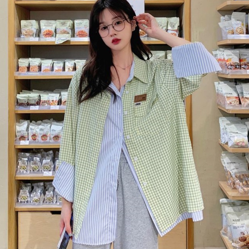 假兩件拼接長袖襯衫 條紋襯衫 時尚休閒襯衫 韓版寬鬆小外套上衣