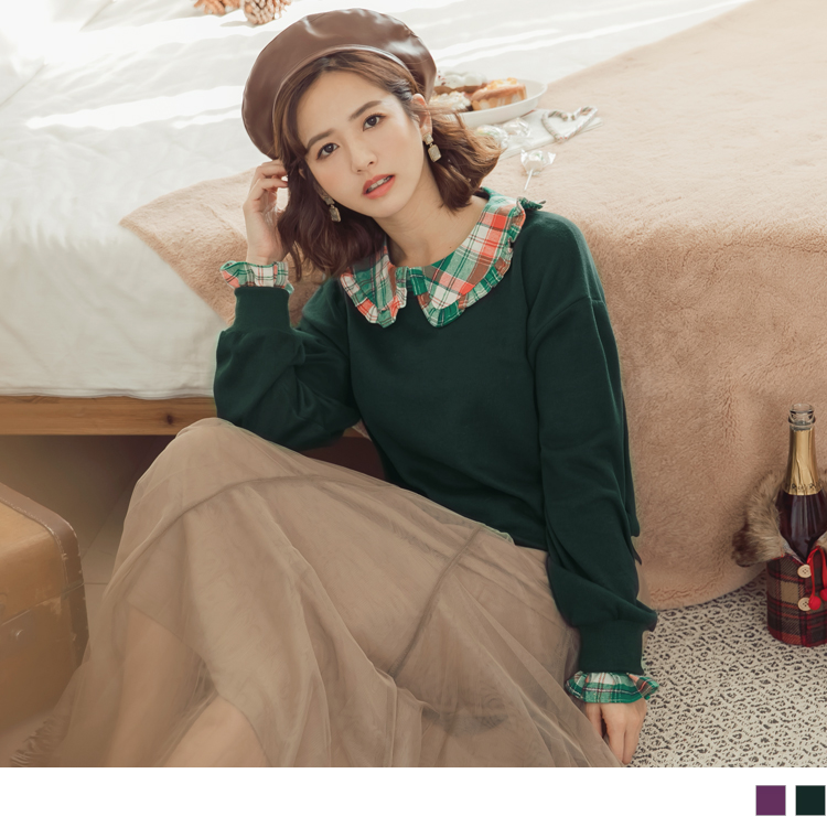 手感柔軟面料讓肌膚可以擁有舒適的感受， 假兩件的層次設計打造時髦有型穿著~ 荷葉邊公主領和袖口的格紋配色點綴展現你的甜美LOOK， 拼接純色衛衣面料展現你的品味穿著， 小資女上班也可以輕鬆迷人搭配~ 