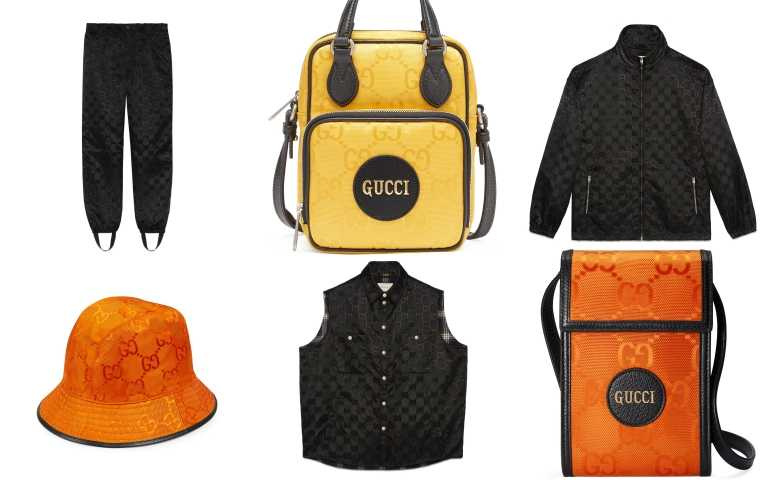 Gucci Off The Grid 系列運動長褲／34,000元、亮黃迷你多功能包／32,800元、黑色運動風衣／42,500元、亮橘漁夫帽／15,600元、黑色背心／61,500元、亮橘迷你肩背包／24,600元（圖／品牌提供）