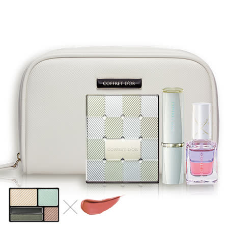 1.恆魅眼影盒(4g)#03 2.持久潤彩口紅(3.9g)#PK296 3.指緣修護油N(8ml) 4.派對包