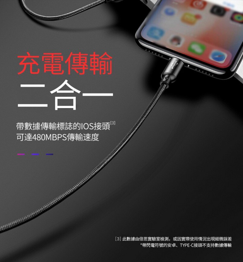 倍思 三原色 蘋果安卓Type-C一拖三 快充魚絲編織充電數據線 三合一 充電線 傳輸線 3.4A 快充線371N11