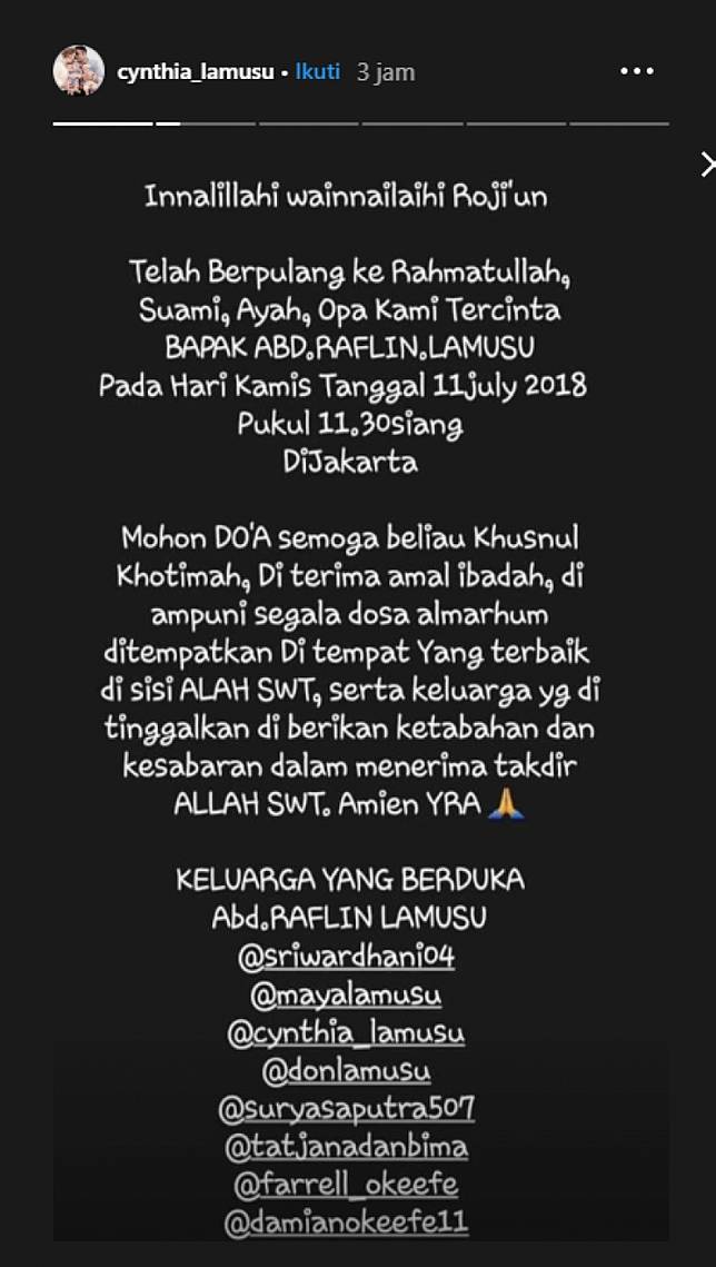 Innalillahi Ayah Cynthia Lamusu Meninggal Dunia Tabloidbintang Com Line Today